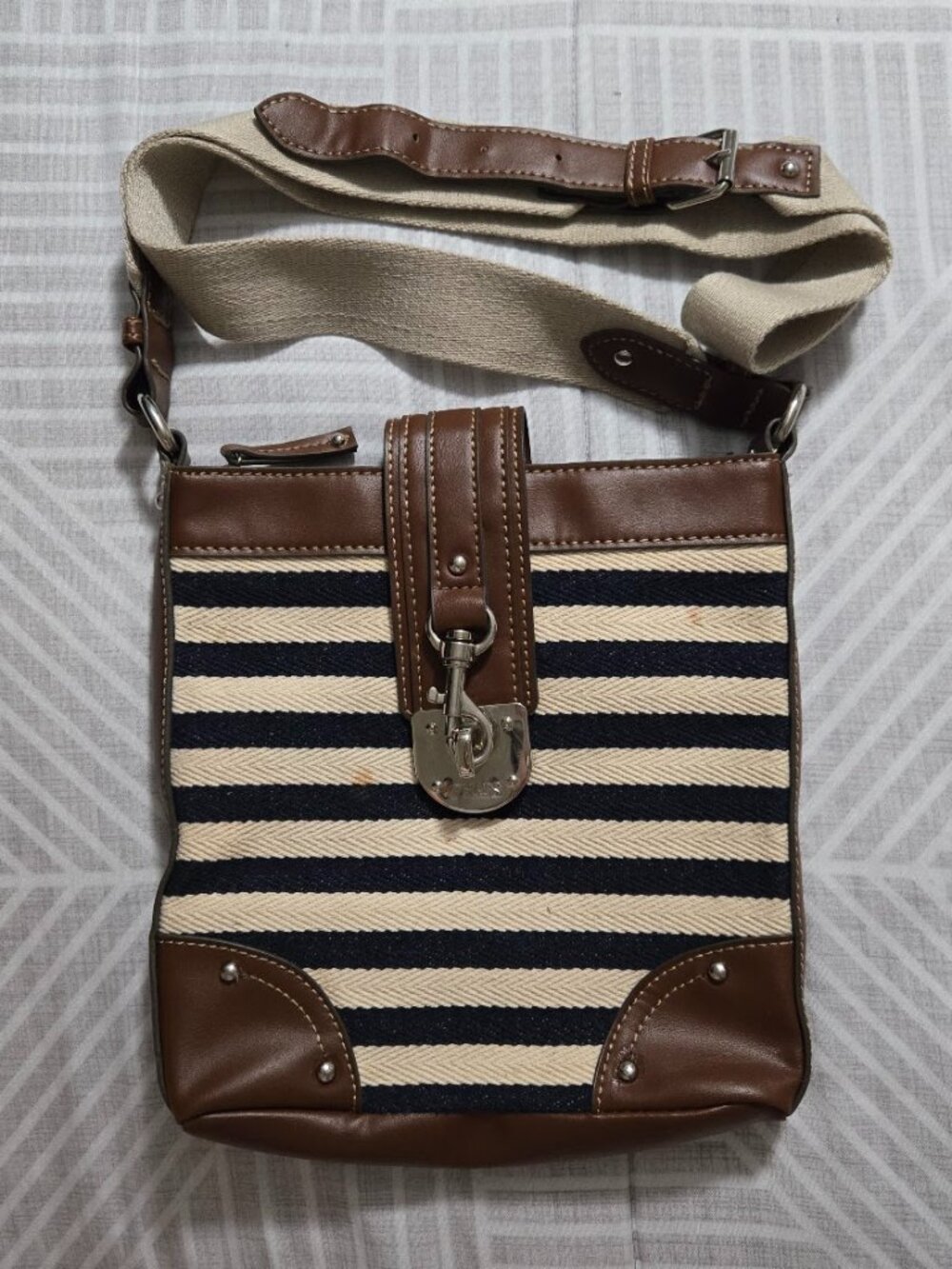 Chaps Nautical Navy Cream Striped Canvas Crossbody Bag Cognac Brown Trim